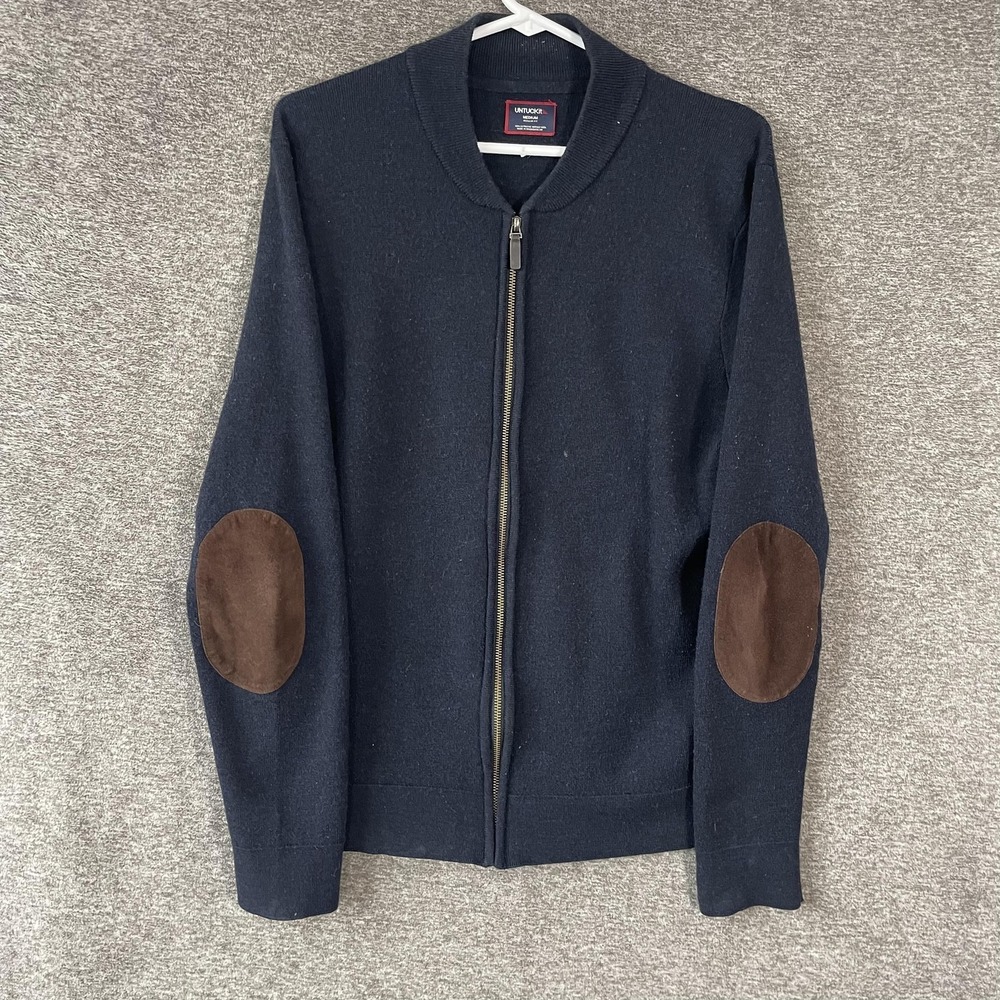 UNTUCKit Sweater Mens Medium Blue Merino Wool Full Zip Mock Neck Elbow Patch